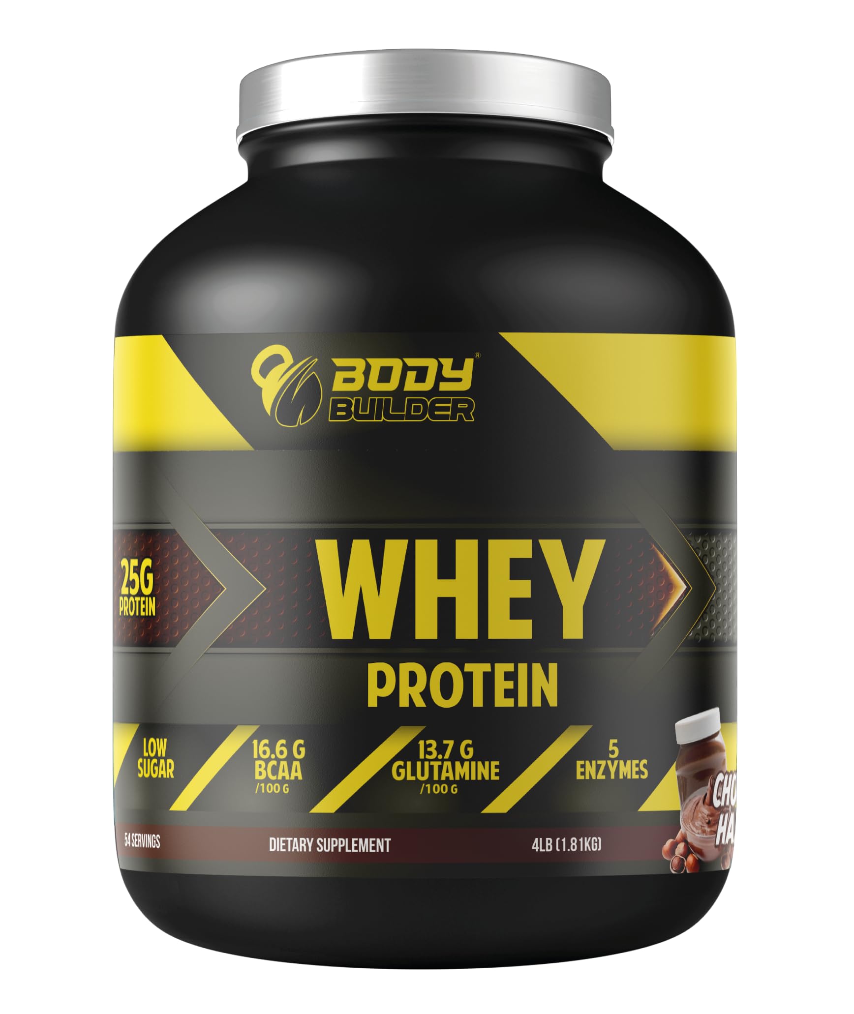 Body Builder 100% Whey Protein - 25g Protein, BCAAs, Glutamine - Chocolate Hazelnut - 4 LB