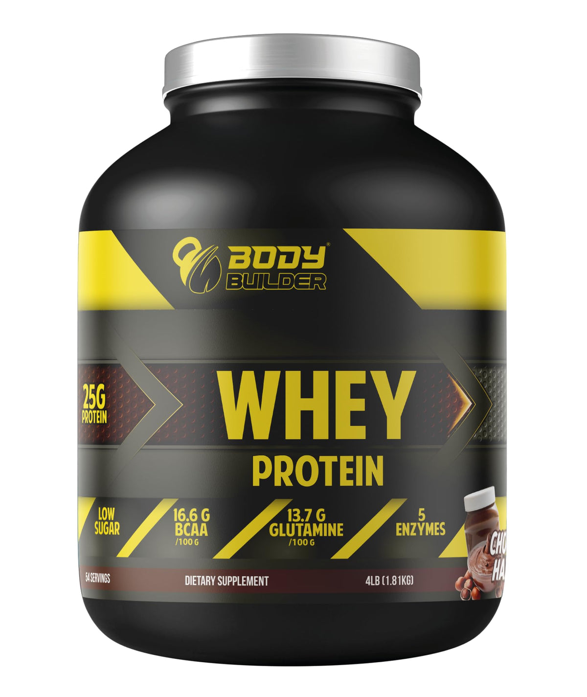 Body Builder 100% Whey Protein - 25g Protein, BCAAs, Glutamine - Chocolate Hazelnut - 4 LB