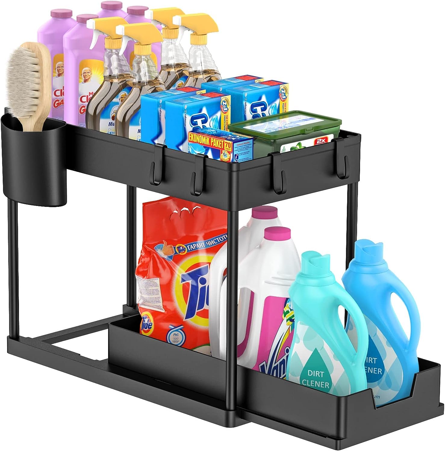 2-Tier Under Cabinet Sliding Basket Organizer with Hanging Cup & Hooks
