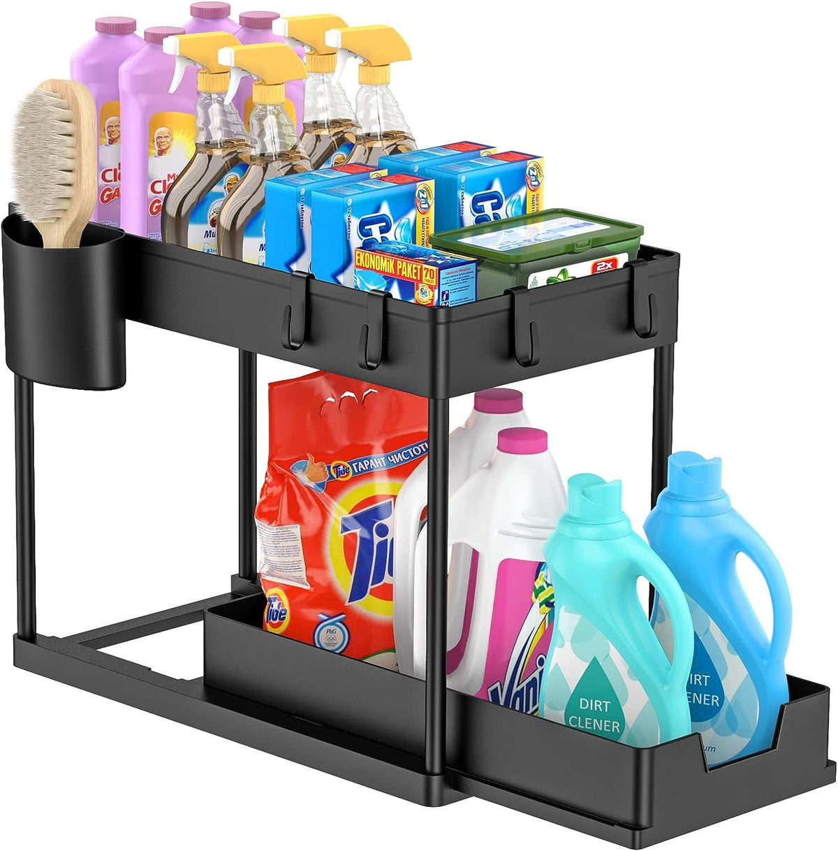 2-Tier Under Cabinet Sliding Basket Organizer with Hanging Cup & Hooks