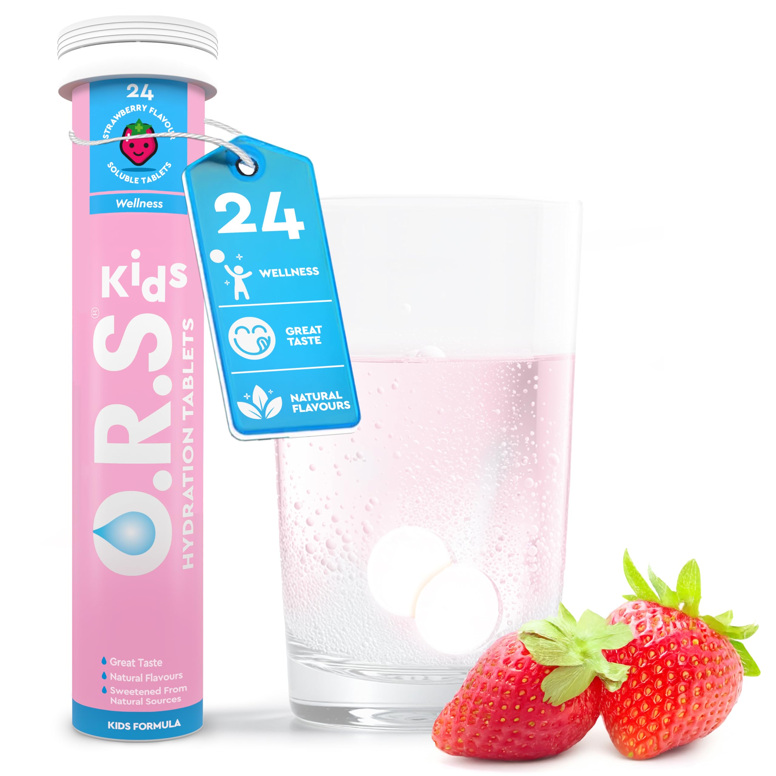 O.R.S Electrolytes for Kids - Fast and Effective Rehydration - Vegan, Gluten-Free, Lactose Free & Low-Calorie Electrolyte Tablet with Natural Strawberry Flavour - 24 Tablets