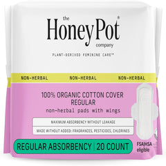 The Honey Pot Company - Sanitary Pads for Women - Non-Herbal Regular Flow w/Wings - Organic Cotton Cover & Ultra-Absorbent Pulp Core - Feminine Care - FSA & HSA Eligible - 20 ct