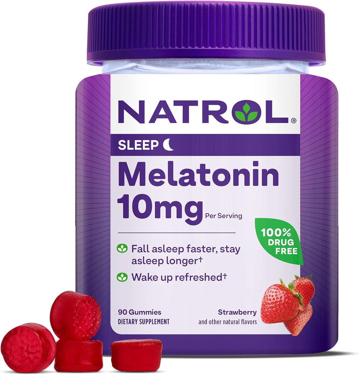 علكات Natrol Melatonin لدعم النوم للبالغين، مكمل 10 ملغ من الميلاتونين للنوم، 90 علكة بنكهة الفراولة، تكفي لمدة تصل إلى 45 يومًا 