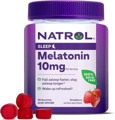 علكات Natrol Melatonin لدعم النوم للبالغين، مكمل 10 ملغ من الميلاتونين للنوم، 90 علكة بنكهة الفراولة، تكفي لمدة تصل إلى 45 يومًا 
