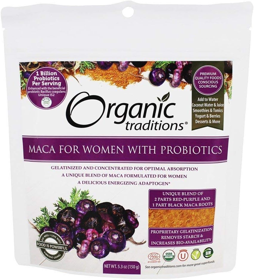 Organic Traditions Maca for Women with Probiotics | 150 g | Gelatinized & Concentrated for Optimal Absorption | Energizing Adaptogen | 1 Billion Probiotics Per Serving