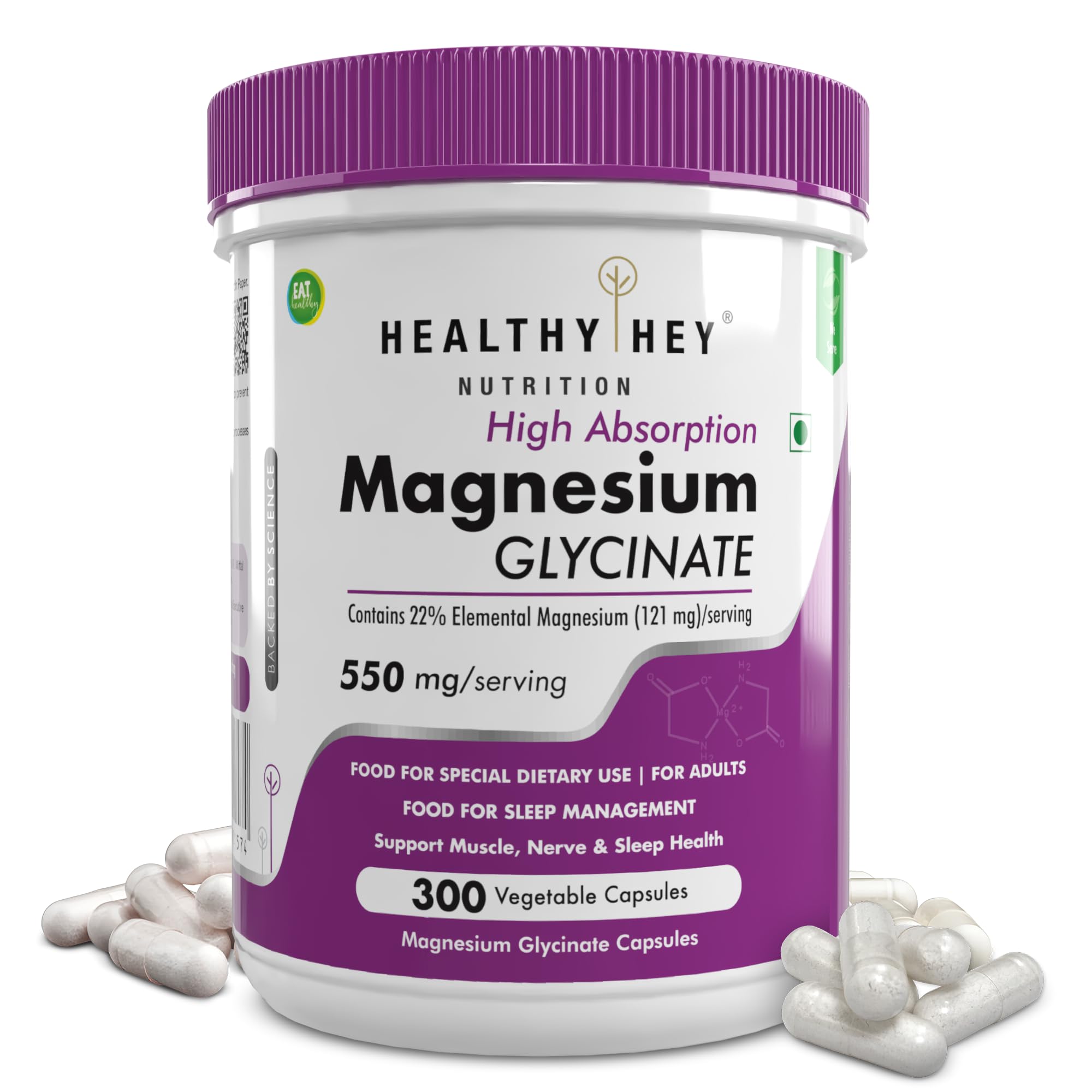 HealthyHey High Absorption Magnesium Glycinate Chelated - 300 Vegetable Capsules for Sleep & Nerve Health
