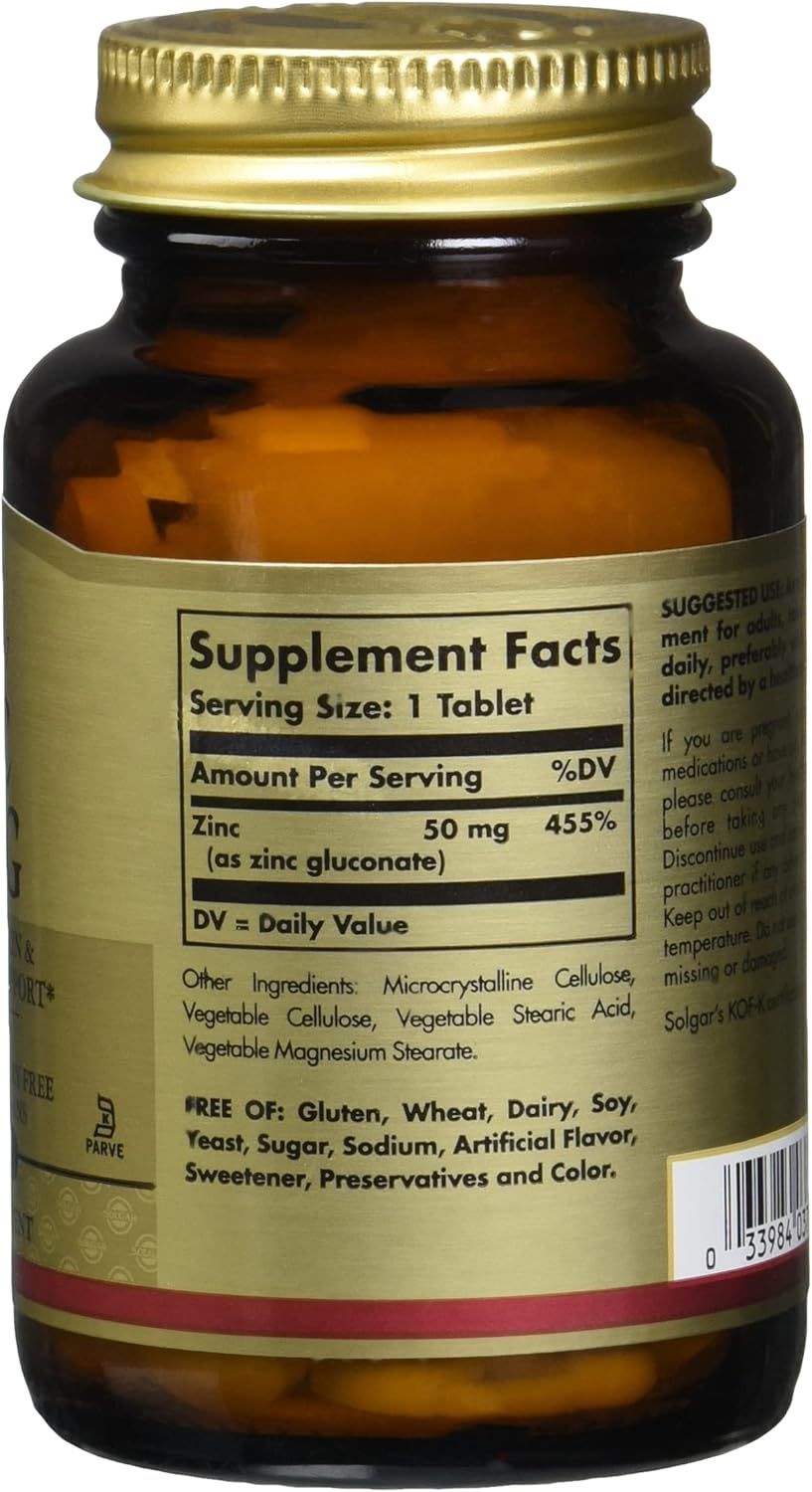 Solgar Zinc 50 Mg, 100 Tablets - الزنك لصحة البشرة والجهاز المناعي ودعم مضادات الأكسدة - 100 وجبة، 100 قرص