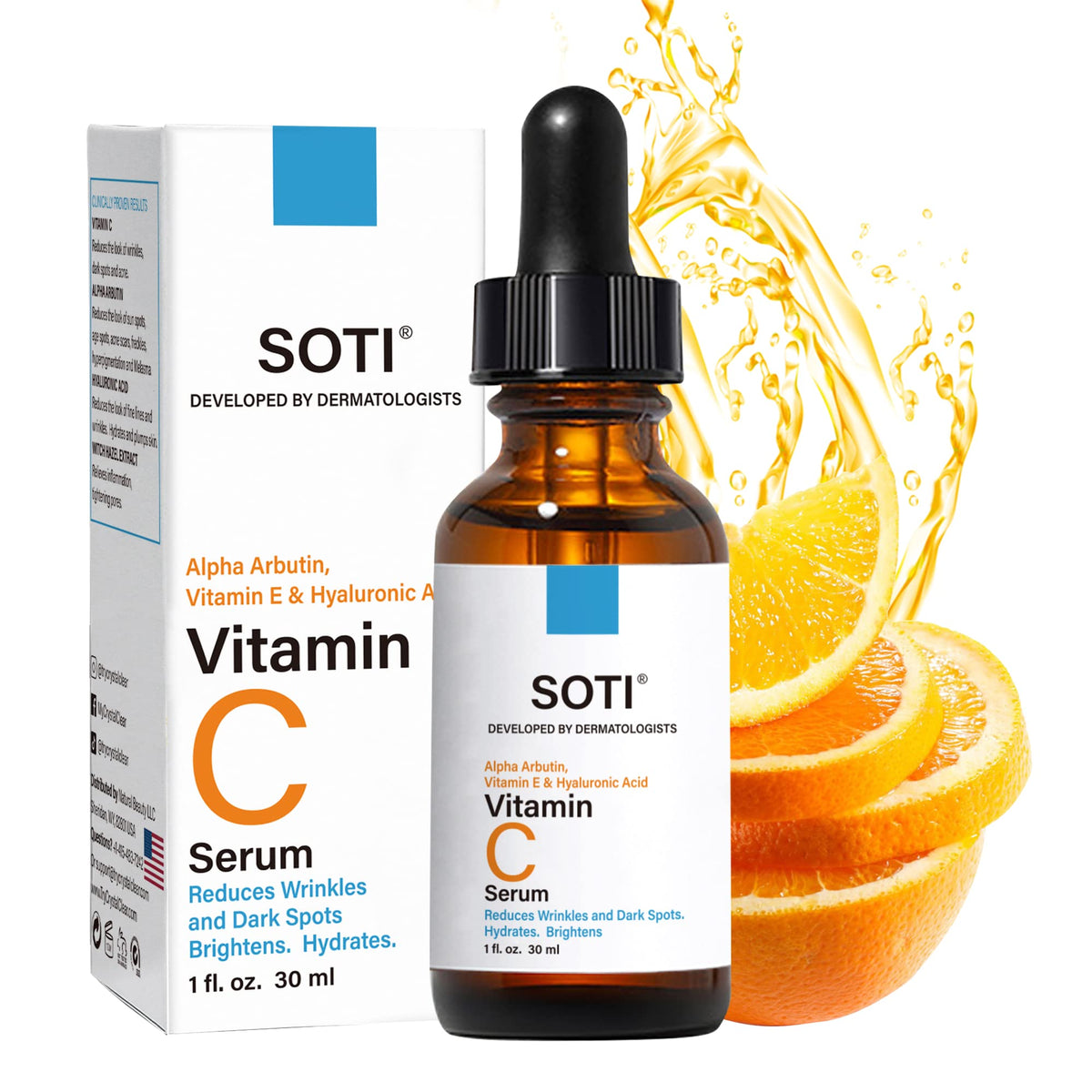 Vitamin C Face Serum 20% - Fades Dark Spots, Brightens Skin Tone, Anti-Aging with Hyaluronic Acid, Alpha Arbutin & Vitamin E (30ml)
