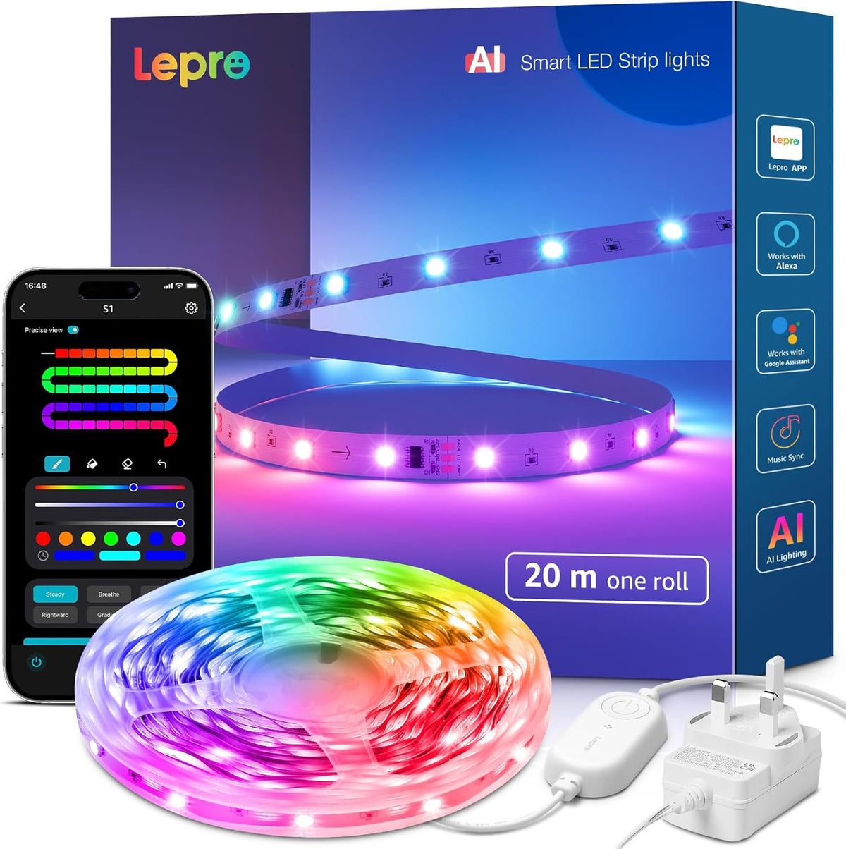 Lepro S1 AI Smart Rainbow LED Strip Light - 20M Roll with App & Voice Control, Alexa & Google Home Compatible