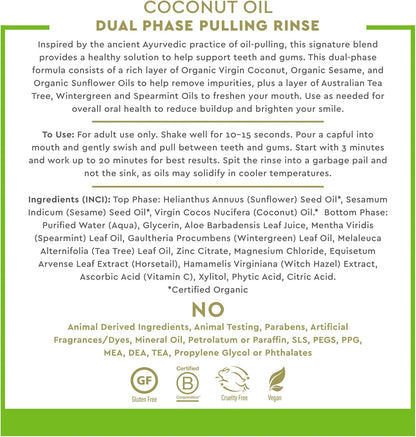 Desert Essence Coconut Oil Dual Phase Pulling Rinse, Mint, 8 fl oz - Alcohol Free, Sugar Free, Gluten Free, Vegan, Non-GMO - Organic Virgin Coconut Oil, Sesame Oil, Sunflower Oil & Tea Tree Oil