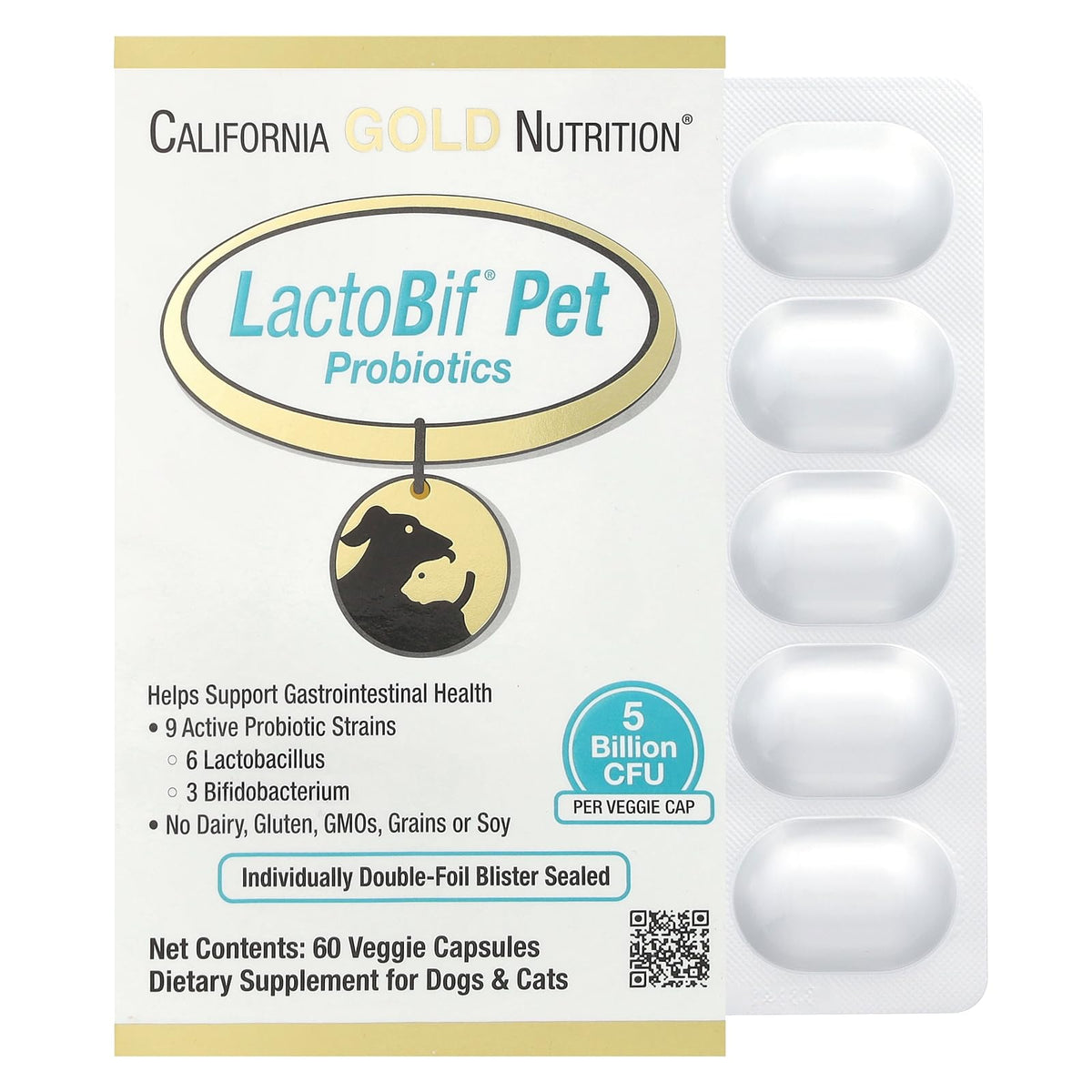 California Gold Nutrition LactoBif Pet Probiotics 5 Billion CFU 60 Veggie Capsules