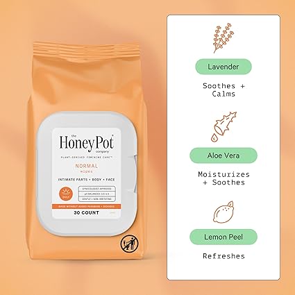 The Honey Pot Company - Feminine Wipes - Daily PH Balancing, Fragrance & Sulfate Free Wipes for Intimate Parts, Body, or Face - Feminine Products - Normal 30 ct.