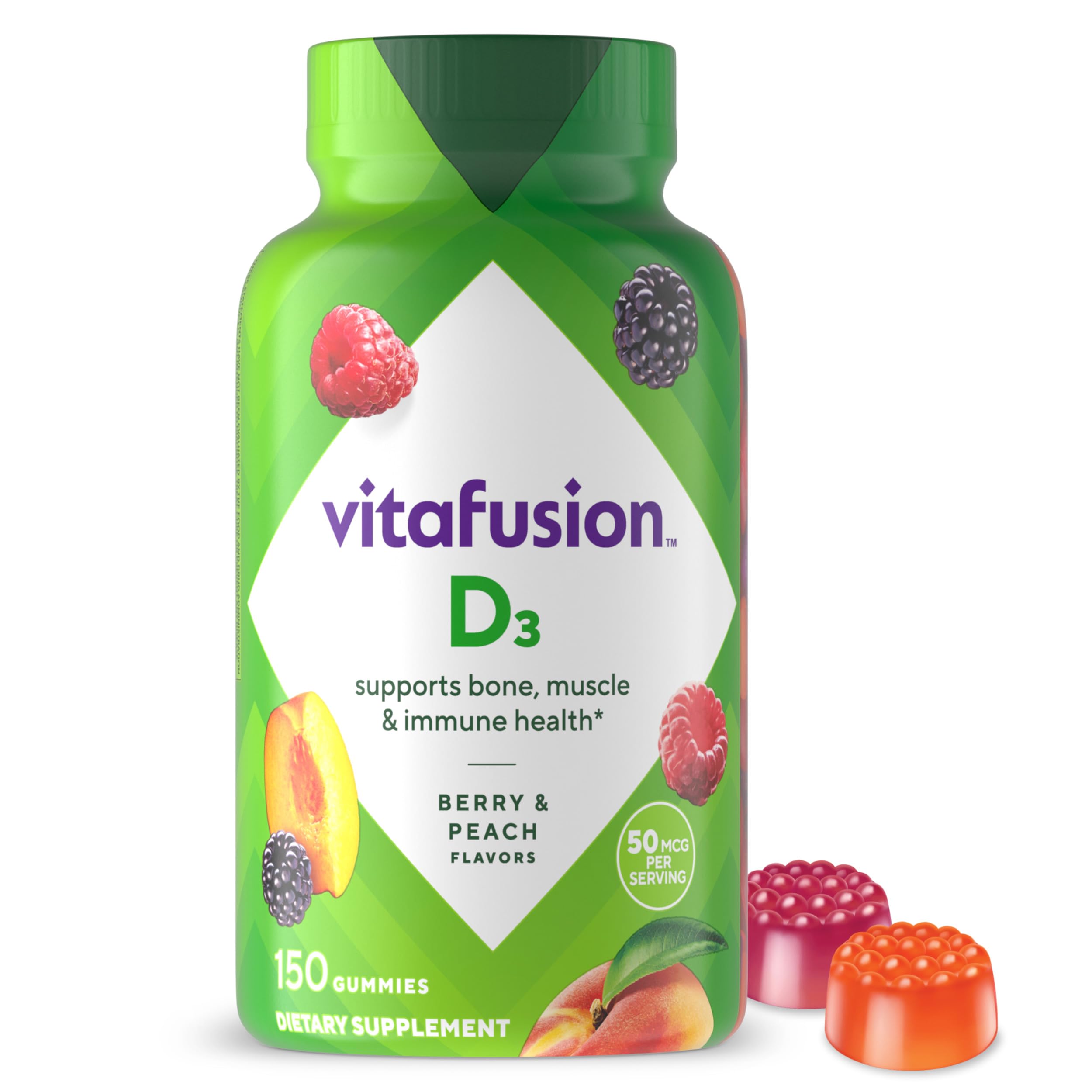 Vitafusion Vitamin D3 Gummy Vitamins - 50mcg per Serving, Immune Support, Peach & Berry Flavors, 150 Count (75 Day Supply)