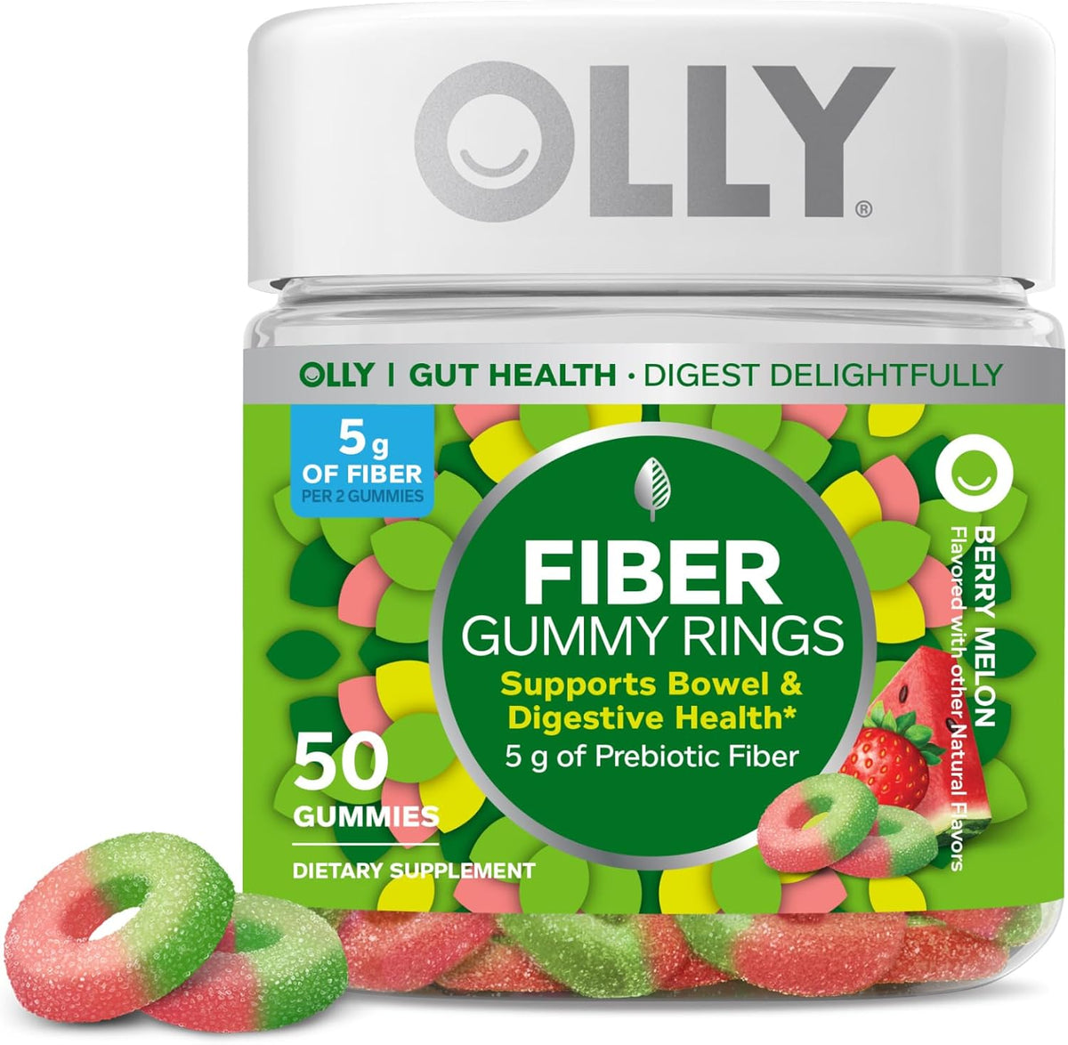 Top Selling OLLY Fiber Gummy Rings, 5g Prebiotic Fiber, FOS (Fructo-oligosaccharides), Digestive Support, Berry Melon 50ct