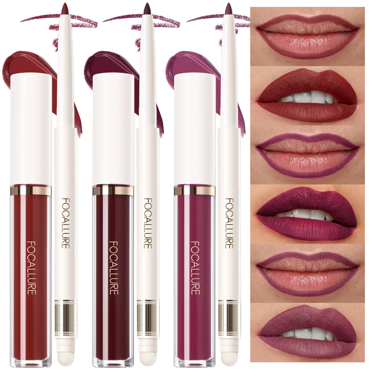 FOCALLURE KISSPROOF 6Pcs Liquid Lipstick & Lip Liner Set - Highly Pigmented Lip Gloss & Matte Lip Crayons with Sharpener - Violet Lip Makeup Gift for Women