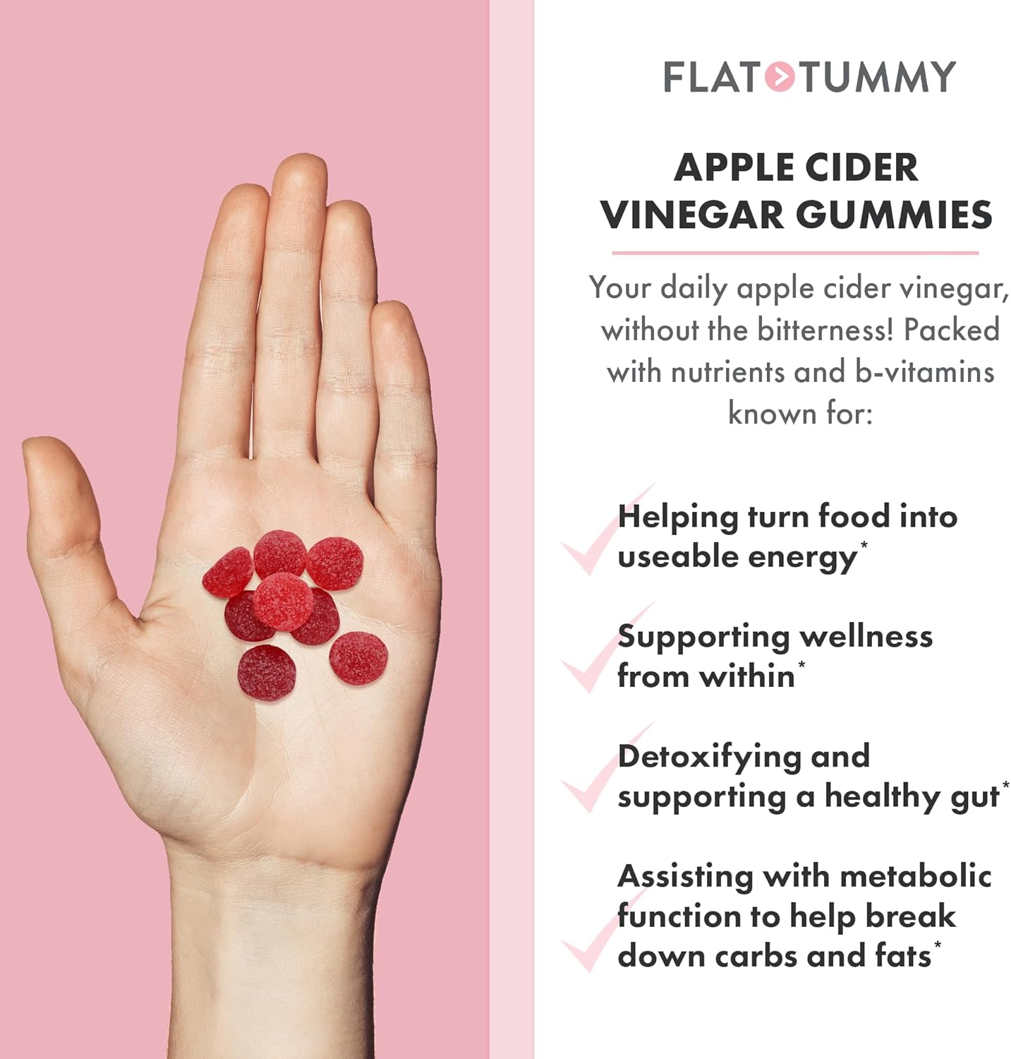 Flat Tummy apple cider vinegar gummies: Vegan, non-GMO gummies for gut health and weight management.
