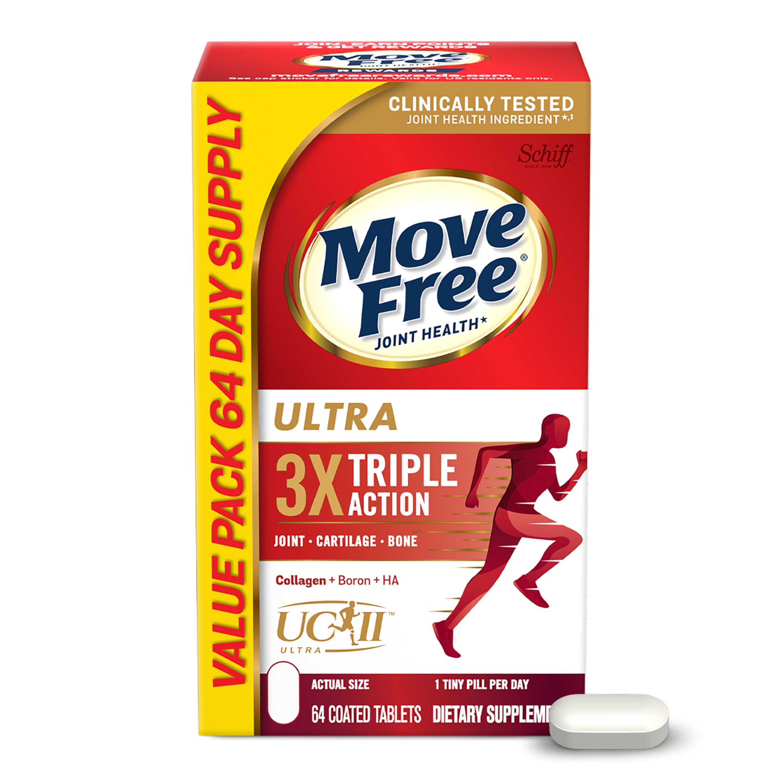Move Free Ultra Triple Action Joint Support Supplement - Collagen, Boron & Hyaluronic Acid, 64 Tablets