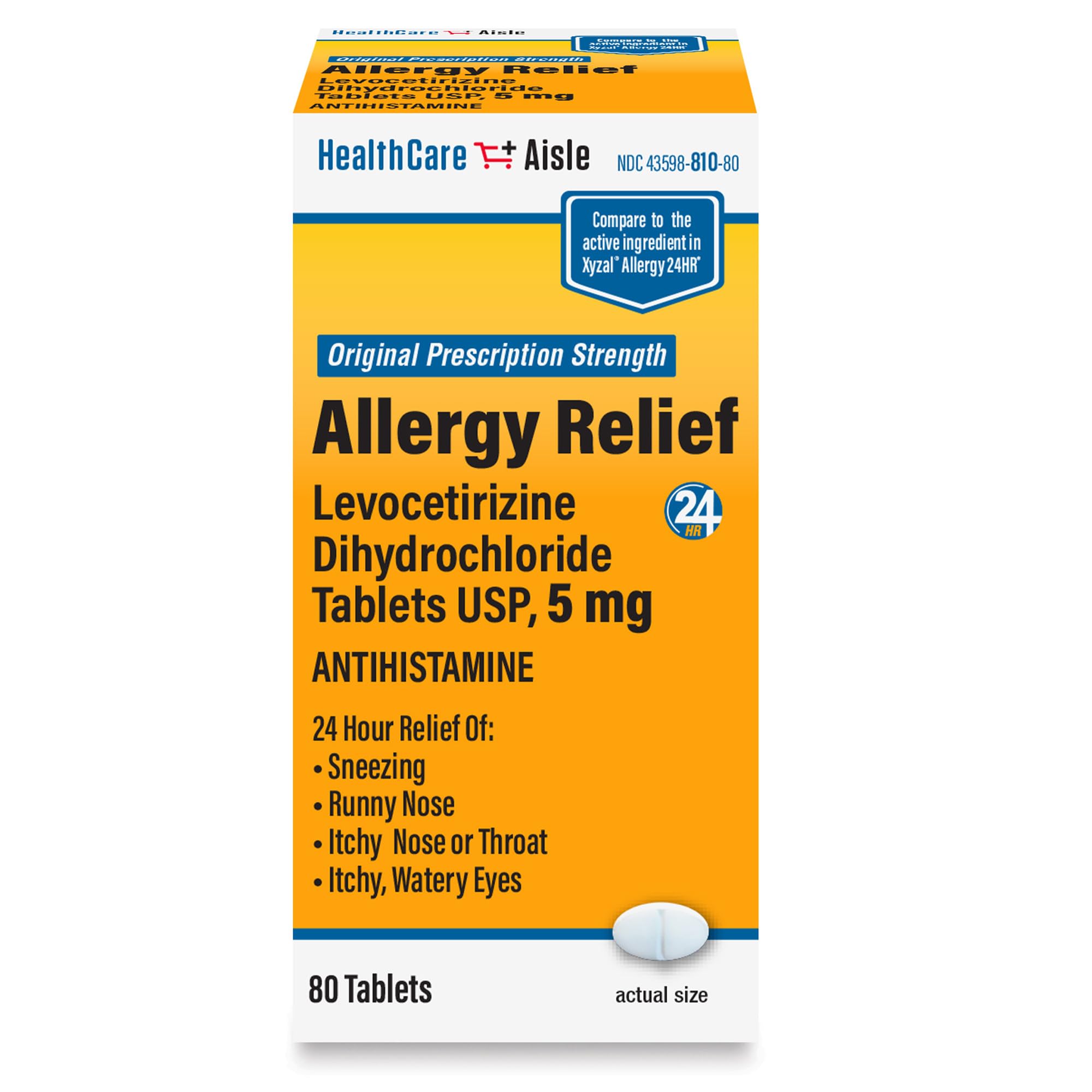 HealthCareAisle Allergy Relief - Levocetirizine Dihydrochloride 5 mg Tablets - 24-Hour Prescription Strength Allergy Relief - 80 Count