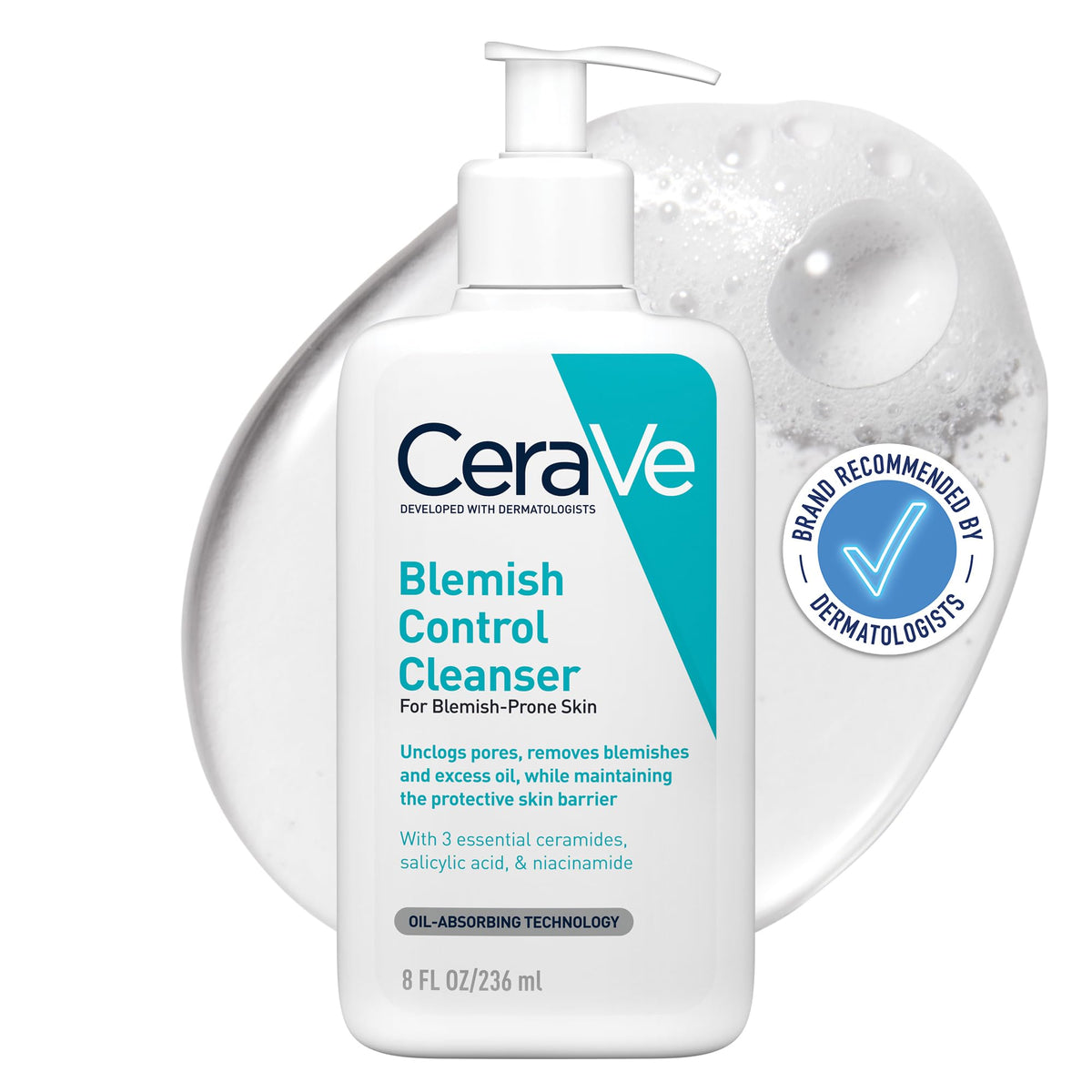CeraVe Blemish Control Cleanser – 236ml, 2% Salicylic Acid For Acne & Blemish Prone Skin with Hyaluronic Acid & Ceramides, Fragrance Free, Non-Comedogenic