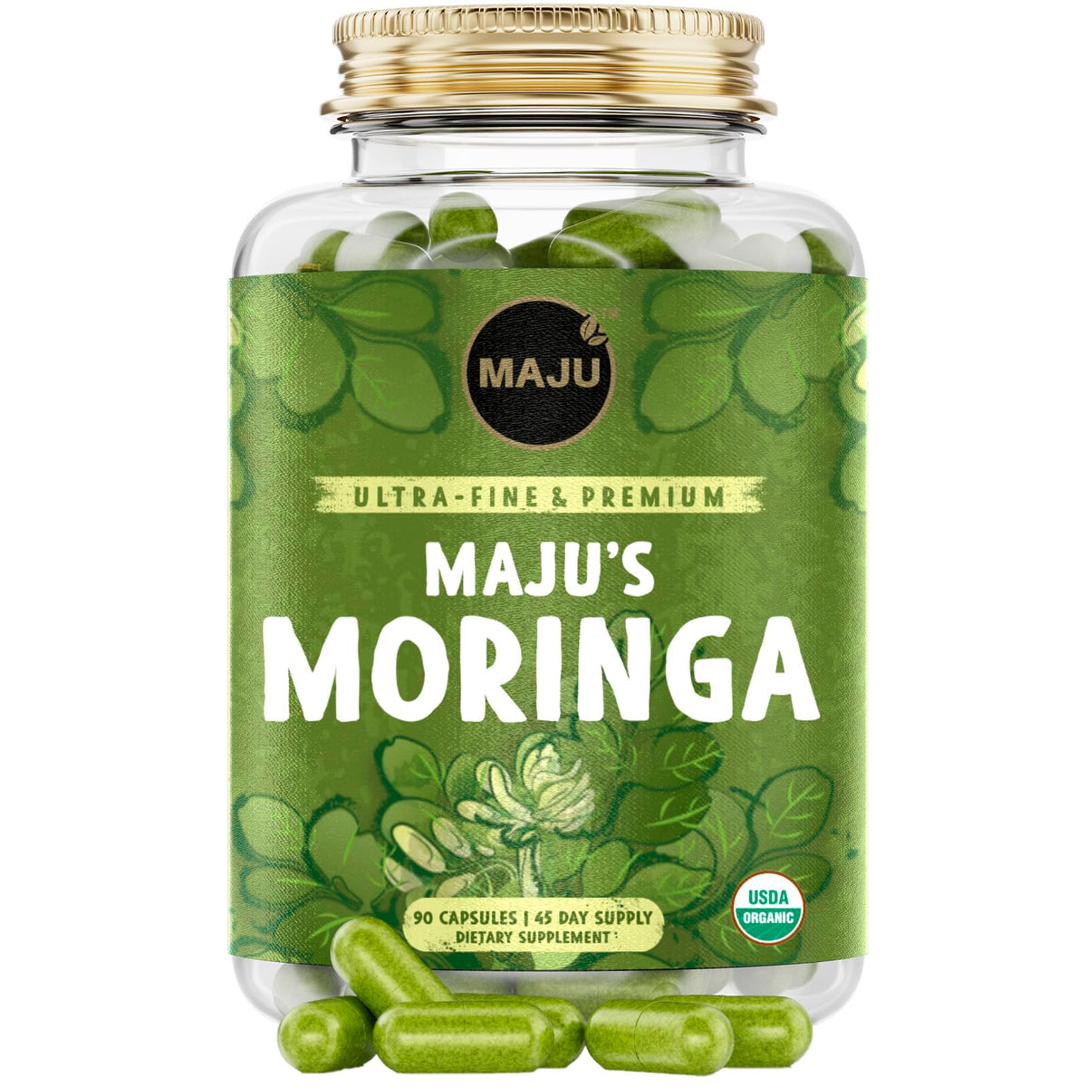 Maju Superfoods Organic Moringa Capsules, Oleifera Leaf Extract, Dried Drumstick Tree Leaves, Premium Plant-Based Supplement (90 ct)