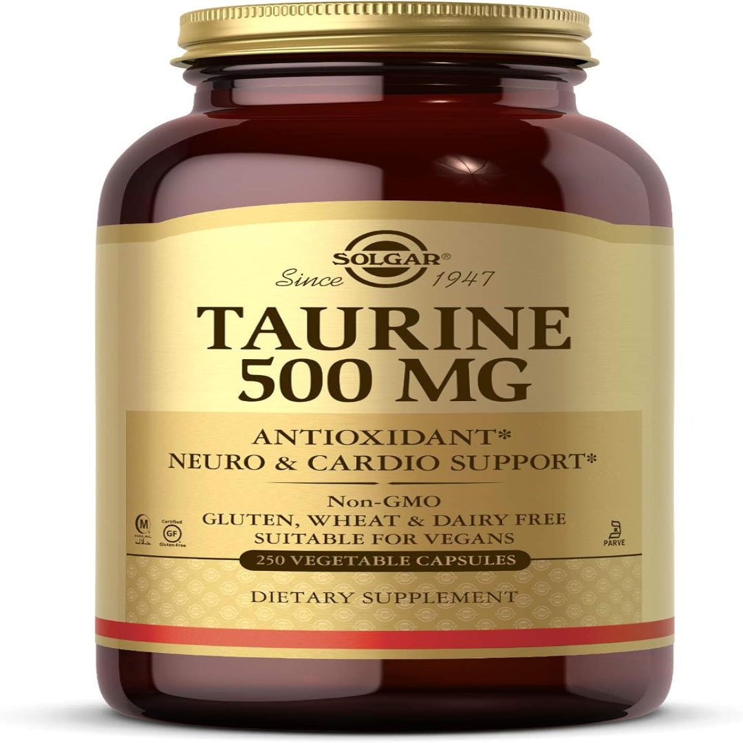 Solgar Taurine 500 mg, 250 Vegetable Capsules - Antioxidant - Brain & Heart Health - Amino Acid - Vegan, Gluten Free, Dairy Free, Kosher, Halal - 250 Servings