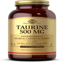Solgar Taurine 500 mg, 250 Vegetable Capsules - Antioxidant - Brain & Heart Health - Amino Acid - Vegan, Gluten Free, Dairy Free, Kosher, Halal - 250 Servings