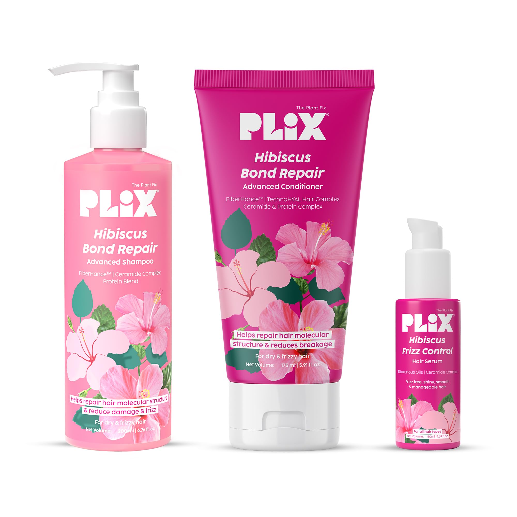 PLIX Hibiscus Frizz Control & Bond Repair Kit (Shampoo, Conditioner & Serum)