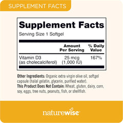 NatureWise Vitamin D3 1000iu (25 mcg) 1-Year Supply for Immune Support, Healthy Muscle Function, and Bone Health - Non-GMO, Gluten Free in Organic Extra Virgin Olive Oil, (Mini Softgel), 360 Count