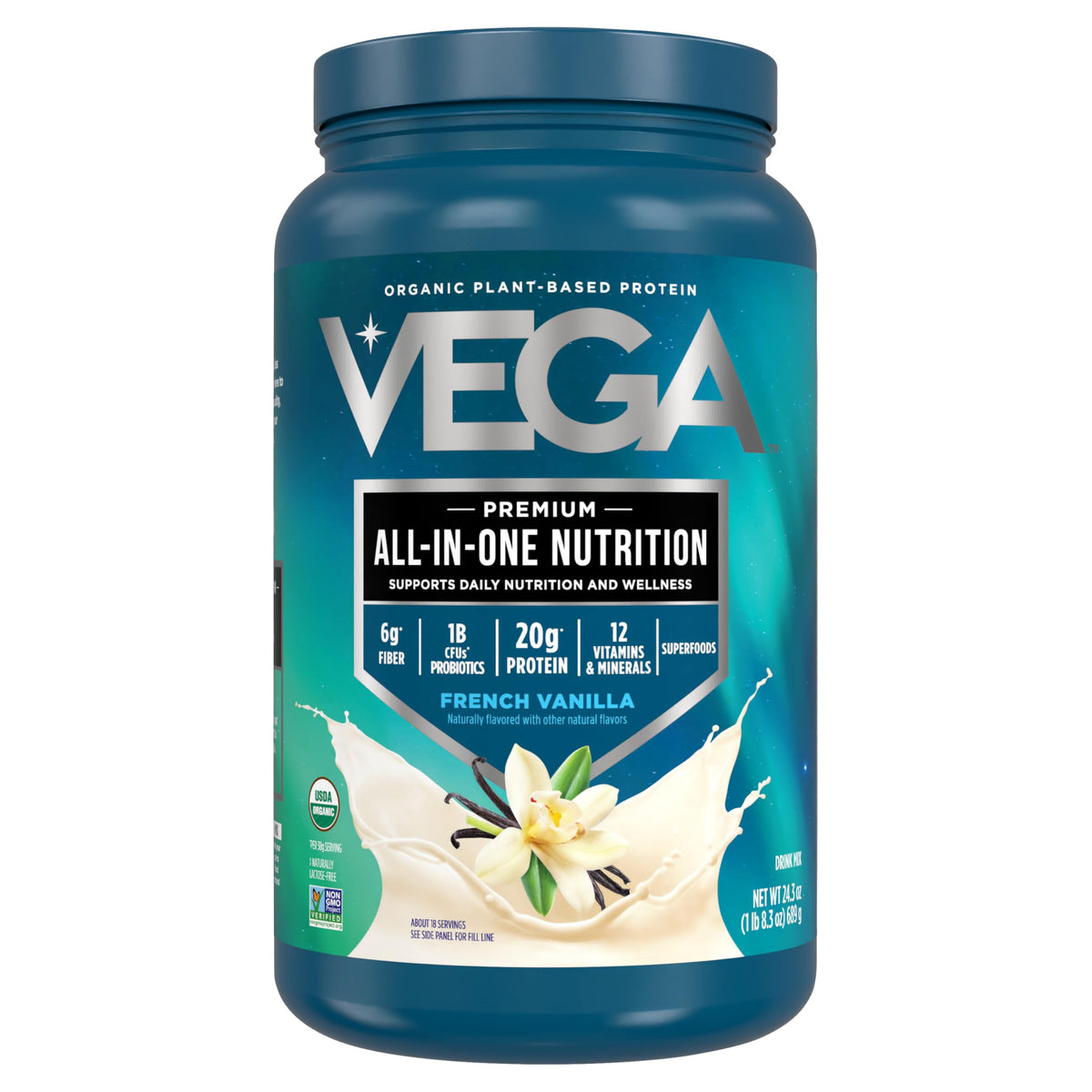 Vega One All-in-One Nutritional Shake - French Vanilla Flavor, 1.51 lbs (689g) - Plant-Based Protein, Greens & Probiotics