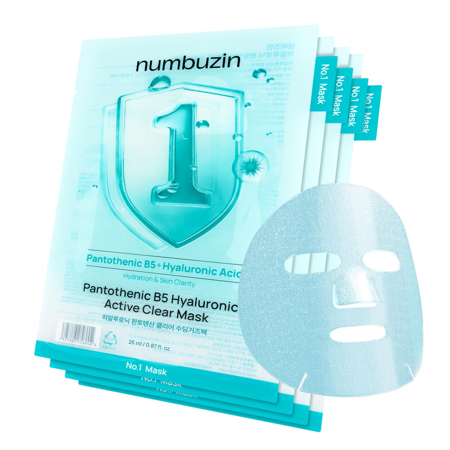 numbuzin No.1 Pantothenic B5 Hyaluronic Active Clear Sheet Mask – Soothing & Hydrating Korean Face Mask for Acne-Prone, Sensitive Skin (Pack of 4)