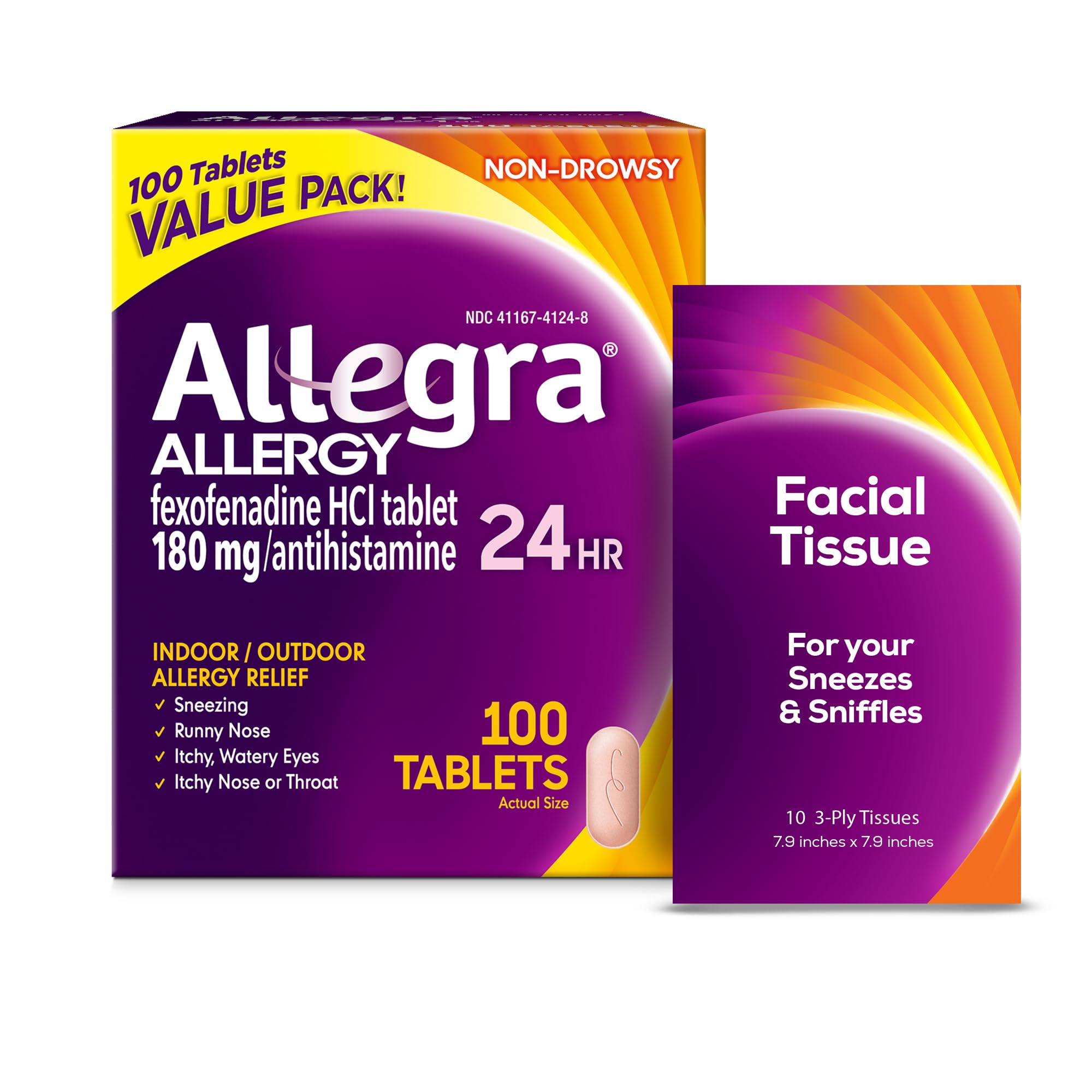 Allegra Adult 24-Hour Allergy Relief Tablets with Tissue Pack - 180mg Fexofenadine HCI 100-Count