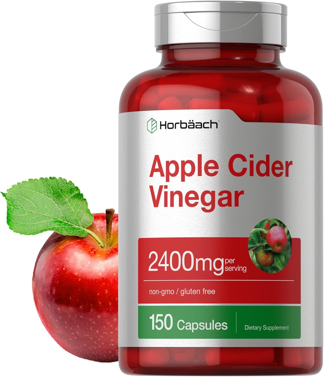 Horbäach apple cider vinegar capsules: 150 capsules, 2400mg per serving for digestion and weight management.