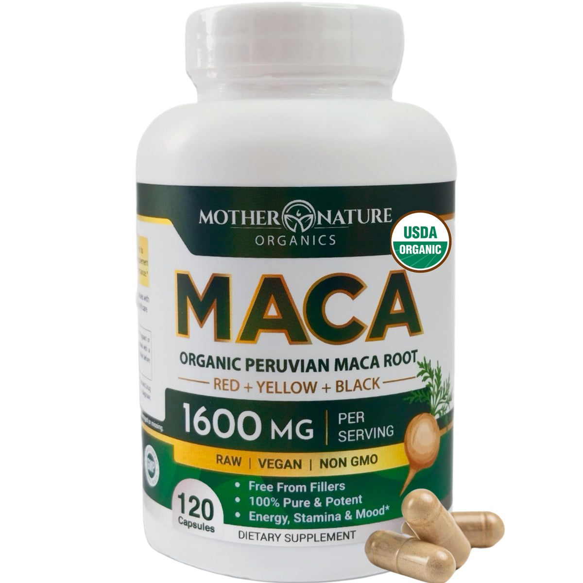 Mother Nature USDA Organic Maca Root Capsules 1600mg - Vegan, Raw Peruvian Maca Supplement for Stamina, Hormonal Balance & Well-Being - Non-GMO - Reproductive Health (120ct)