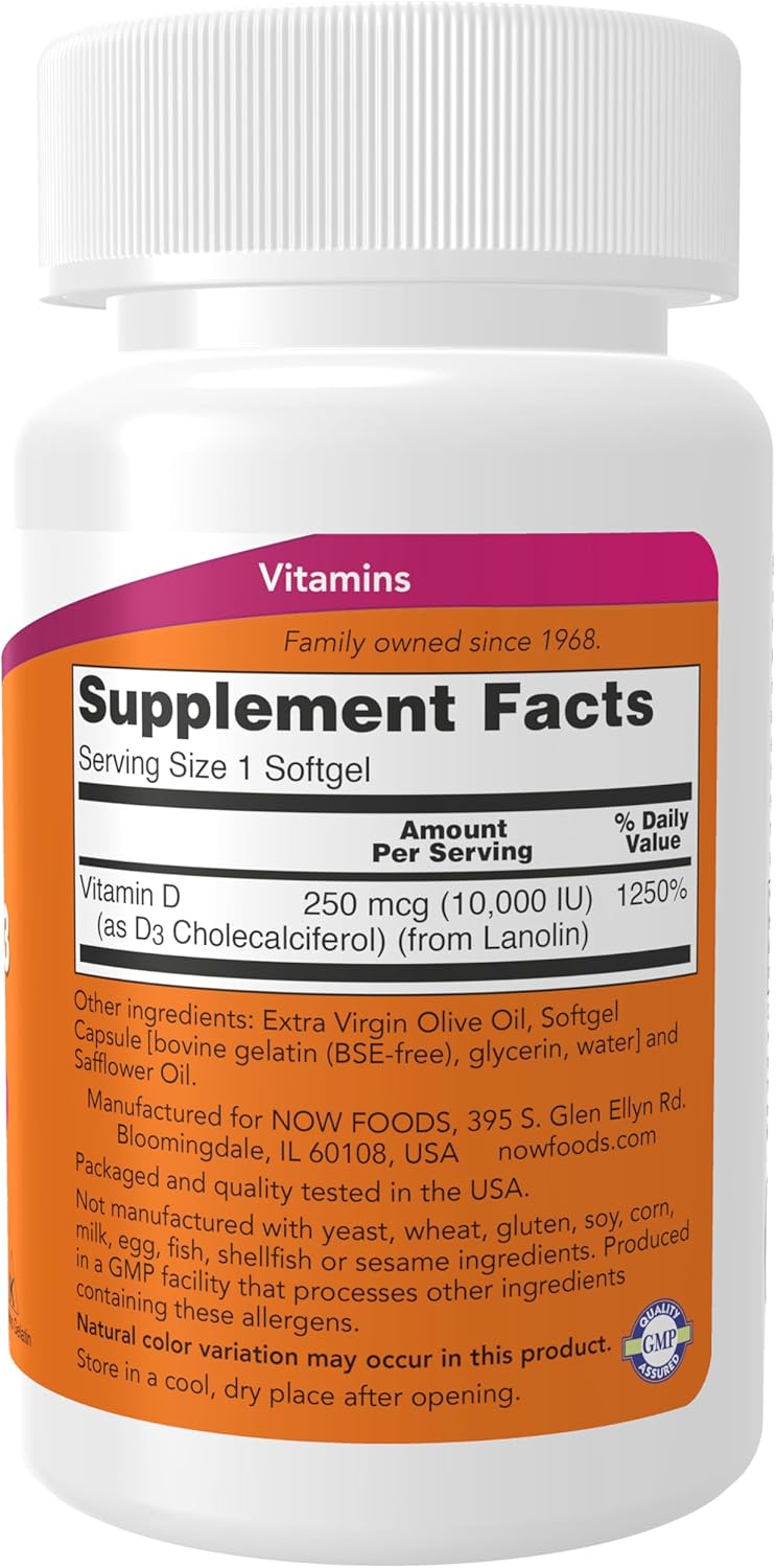 NOW Foods Supplements, Vitamin D-3 10,000 IU, Highest Potency, Structural Support*, 120 Softgels