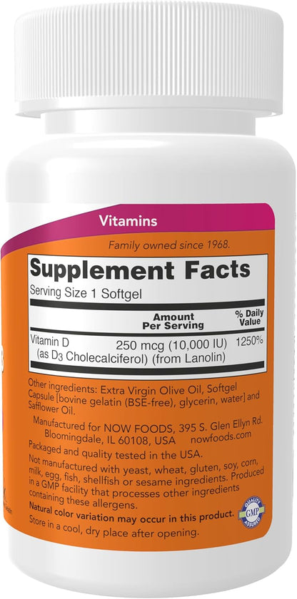 NOW Foods Supplements, Vitamin D-3 10,000 IU, Highest Potency, Structural Support*, 120 Softgels