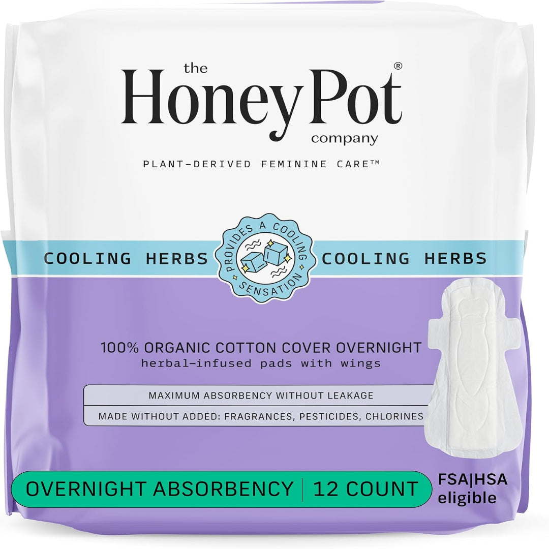 The Honey Pot Company - Herbal Pads for Women - Overnight w/Wings - Infused w/Essential Oils for Cooling Effect & Organic Cotton Cover - Feminine Care - FSA & HSA Eligible - 12 ct