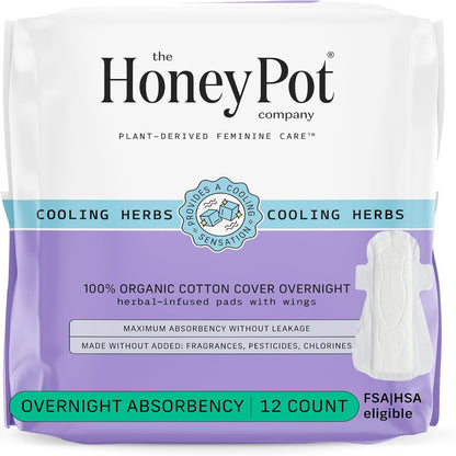 The Honey Pot Company - Herbal Pads for Women - Overnight w/Wings - Infused w/Essential Oils for Cooling Effect & Organic Cotton Cover - Feminine Care - FSA & HSA Eligible - 12 ct
