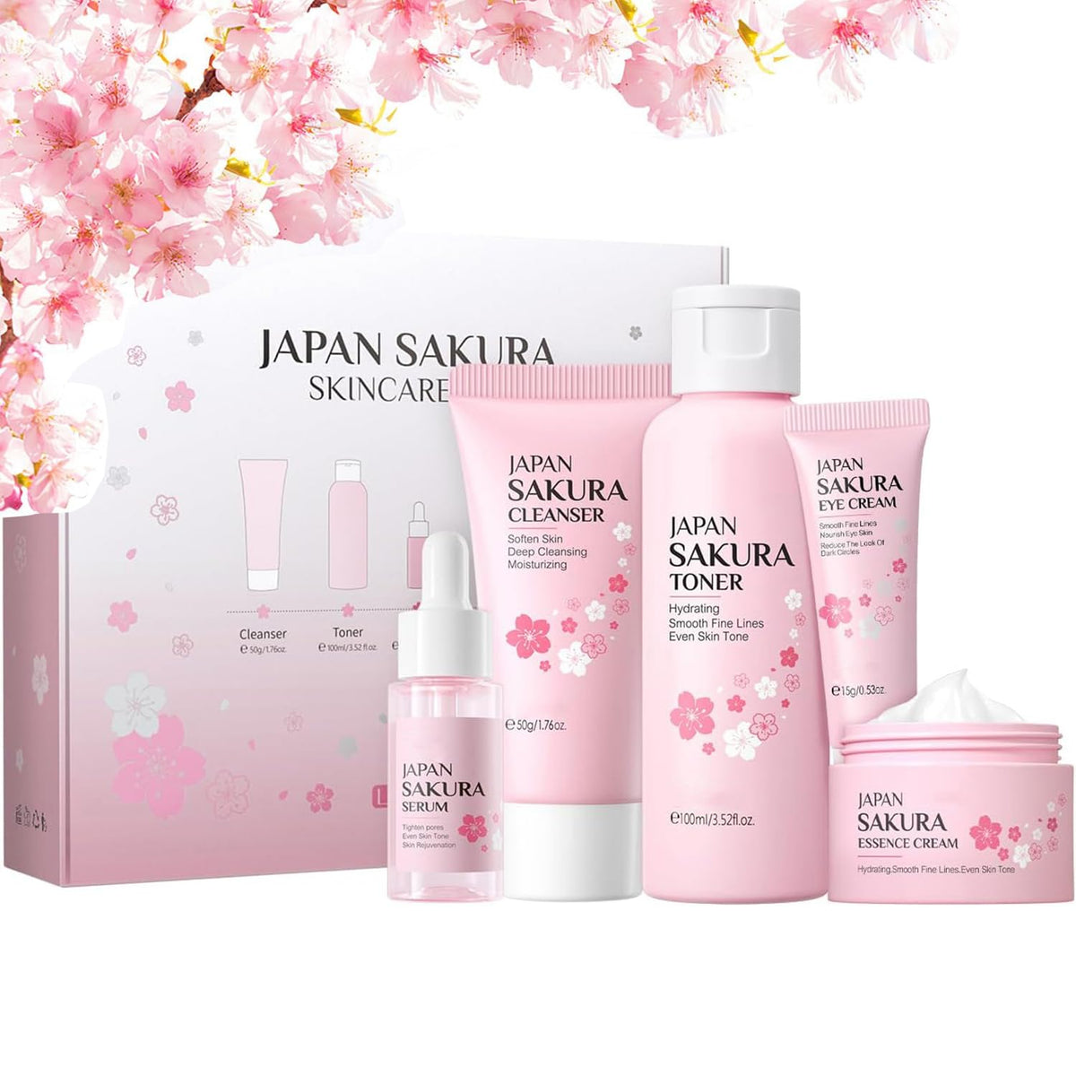 SAKURA 5-Piece Skin Care Gift Set for Women - Cleanser, Toner, Serum, Eye & Face Cream