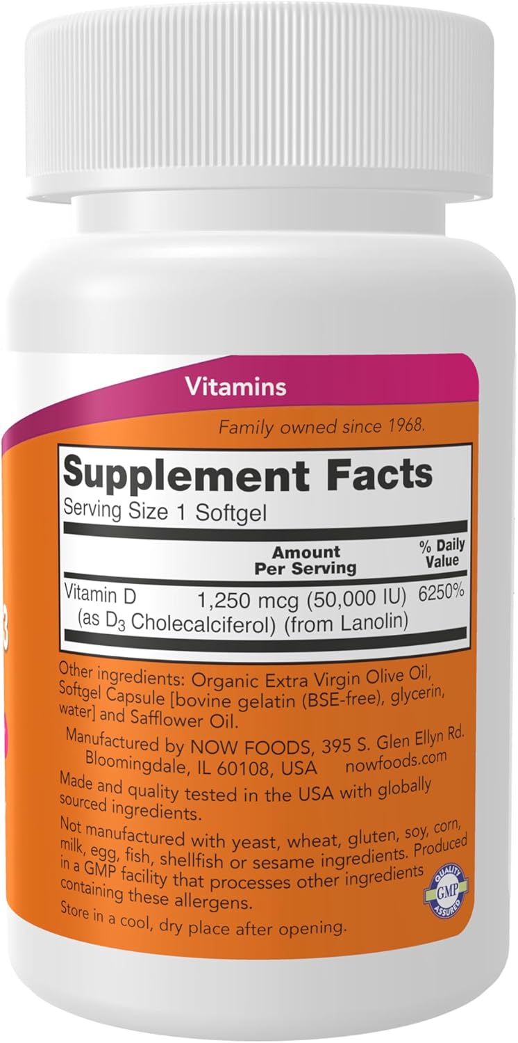NOW Foods Supplements, Vitamin D-3 50,000 IU Softgels, 50 softgels