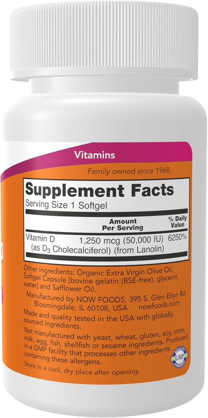 NOW Foods Supplements, Vitamin D-3 50,000 IU Softgels, 50 softgels