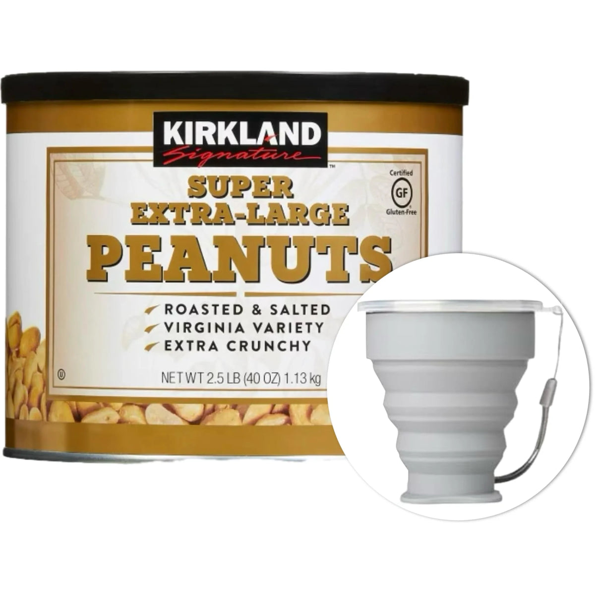 Premium Kirkland Super Extra-Large Peanuts Bundle with Silicone Collapsible Cup - 2.5 lbs Snacks & 200mL Travel Mug