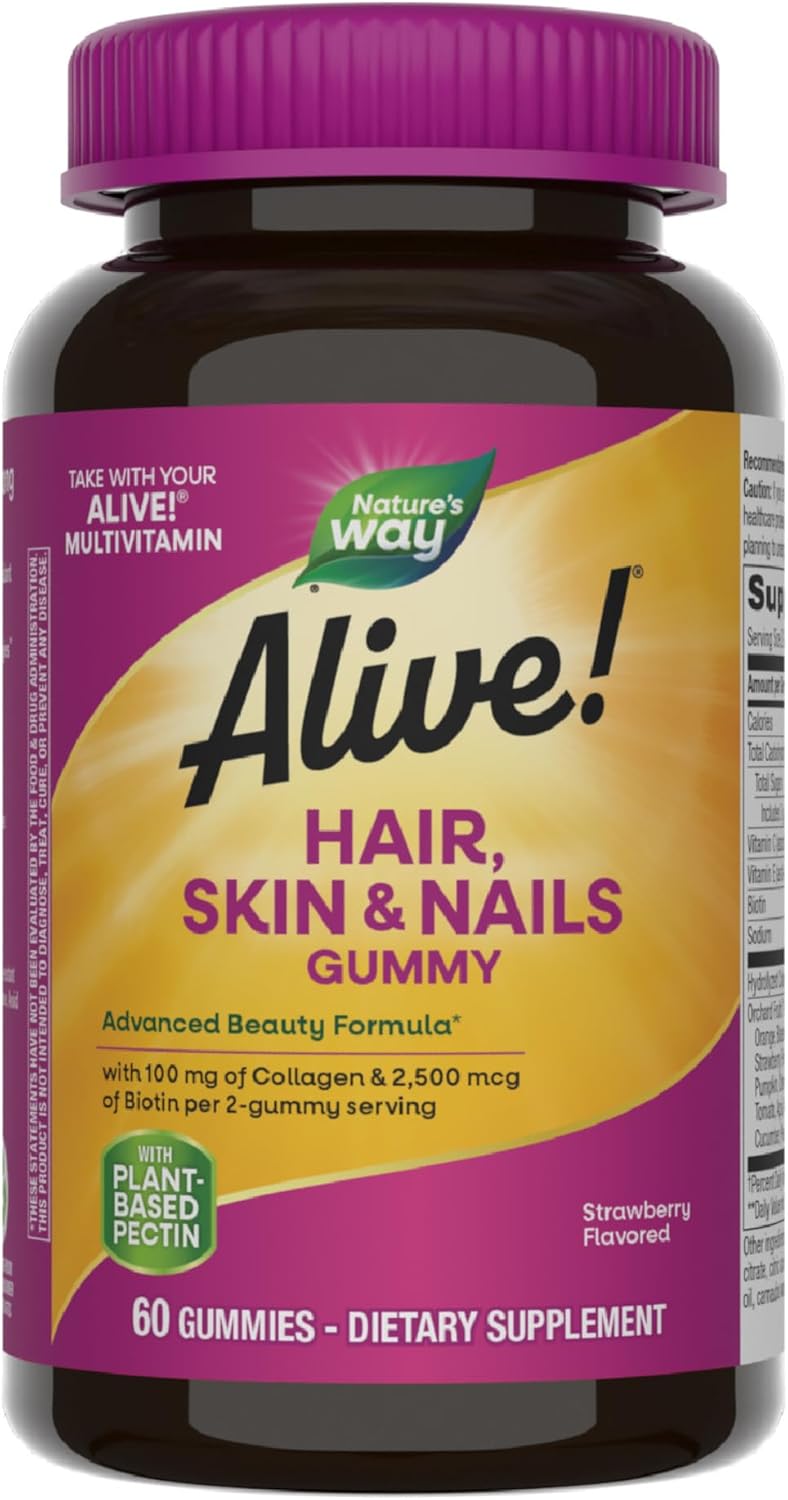 Natures Way Alive Hair Skin Nail Advanced Beauty Formula 60 Strawberry Flavored Gummies