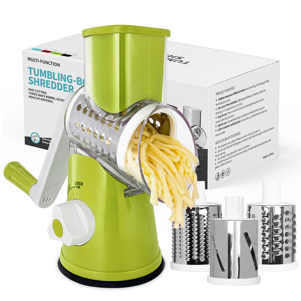 X Home Rotary Cheese Grater & Vegetable Slicer - 3 Blades, Green