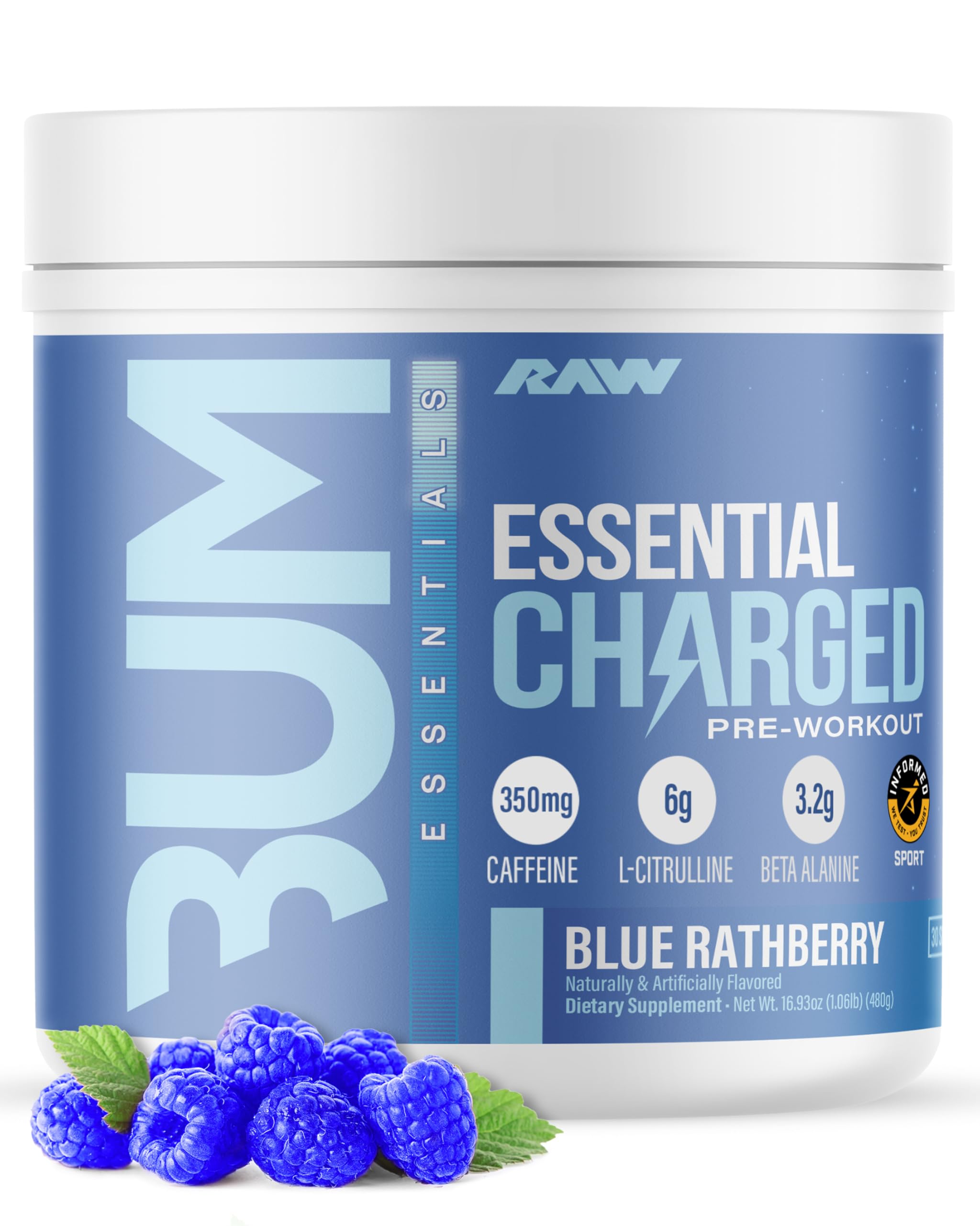 RAW Essential CHARGED Pre-Workout Powder - Rathberry Blue (25 Servings)