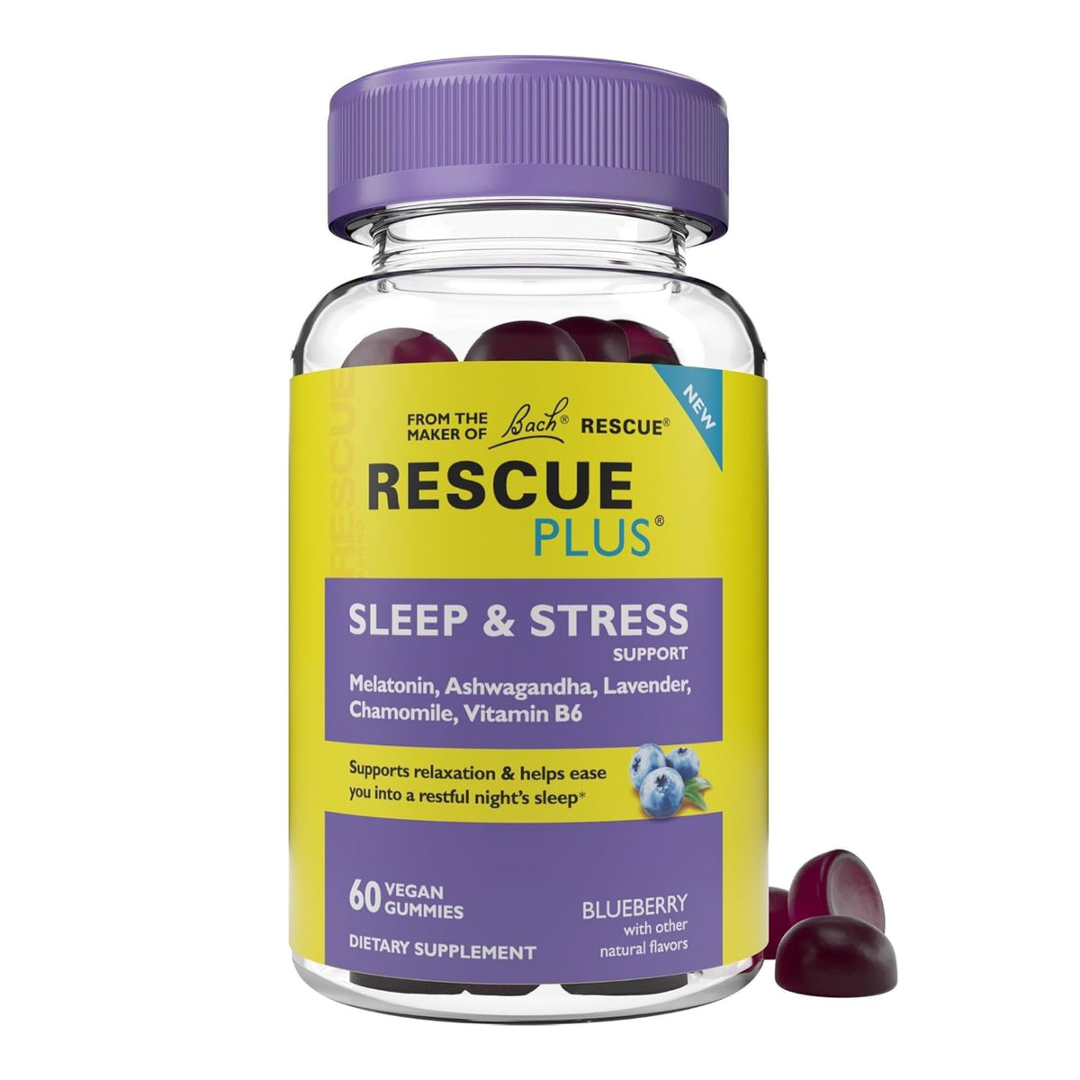 RESCUE PLUS Sleep & Stress Support Gummies with Melatonin & Ashwagandha, 60 Count
