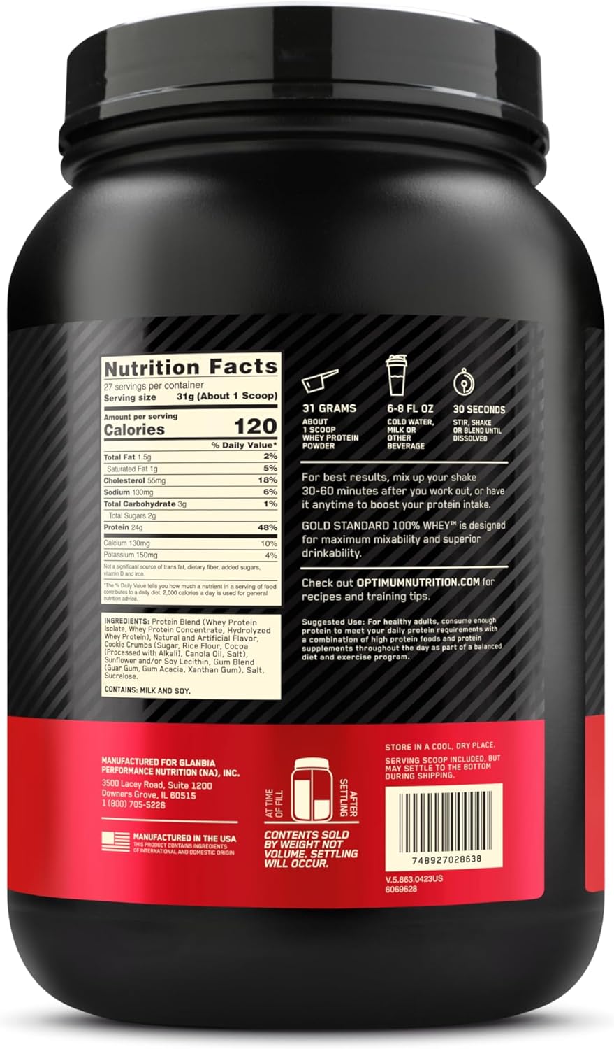 Optimum Nutrition Gold Standard 100% Whey Protein Powder, Cookies & Cream, 2 Pound (Packaging May Vary)