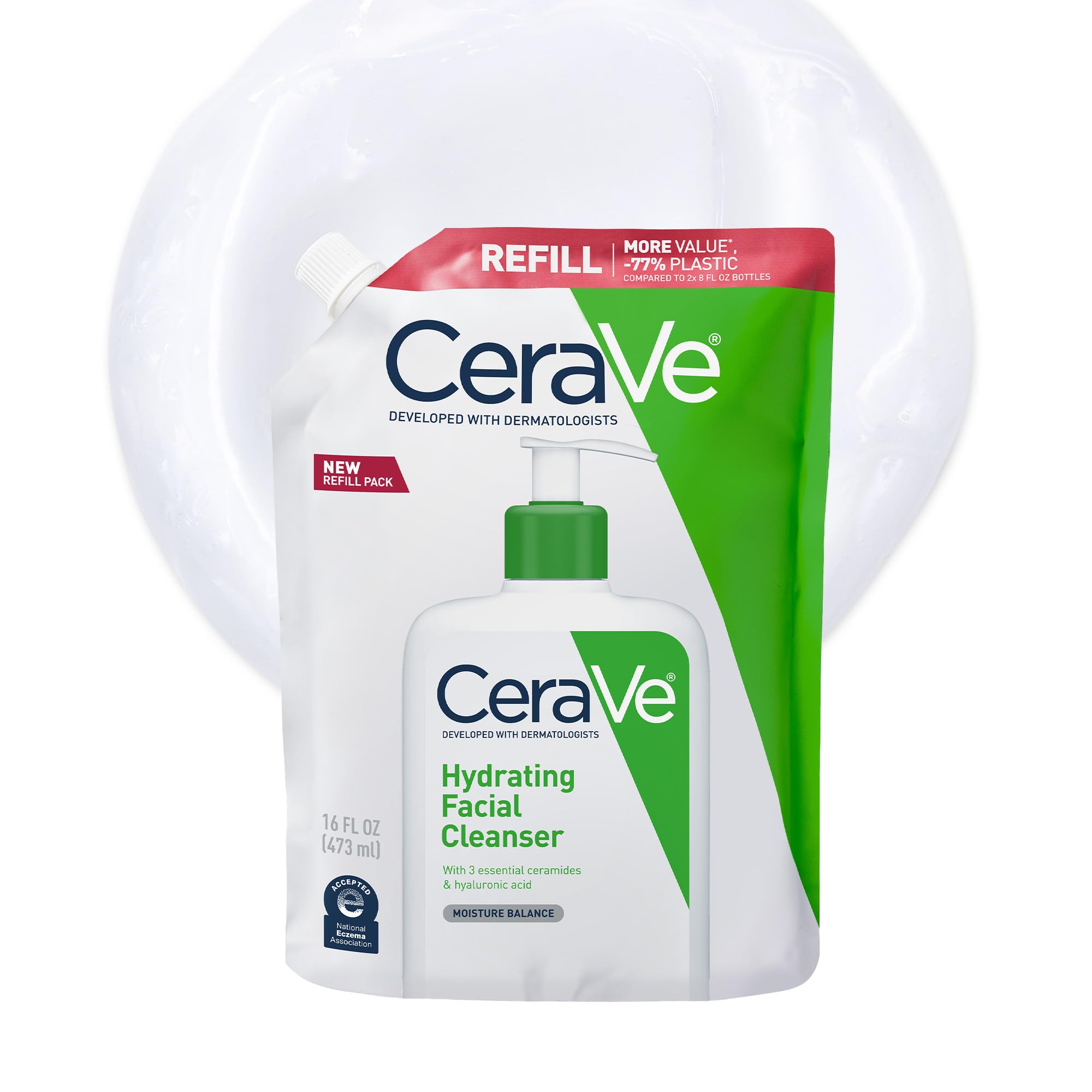 CeraVe Hydrating Facial Cleanser Refill, Dry Skin, Hyaluronic Acid + Ceramides + Glycerin (16 Ounce)