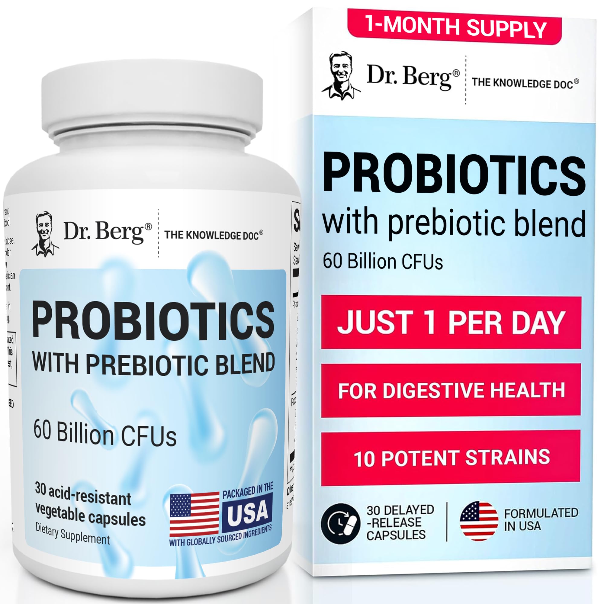 Dr. Berg's Probiotic Capsules - 60 Billion CFU with 10 Strains & Prebiotics - Digestive Health Support - 30 Capsules