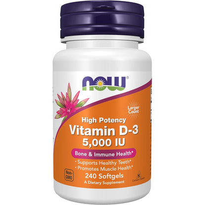 NOW Foods Supplements, Vitamin D-3 5,000 IU, High Potency, Structural Support*, 240 Softgels