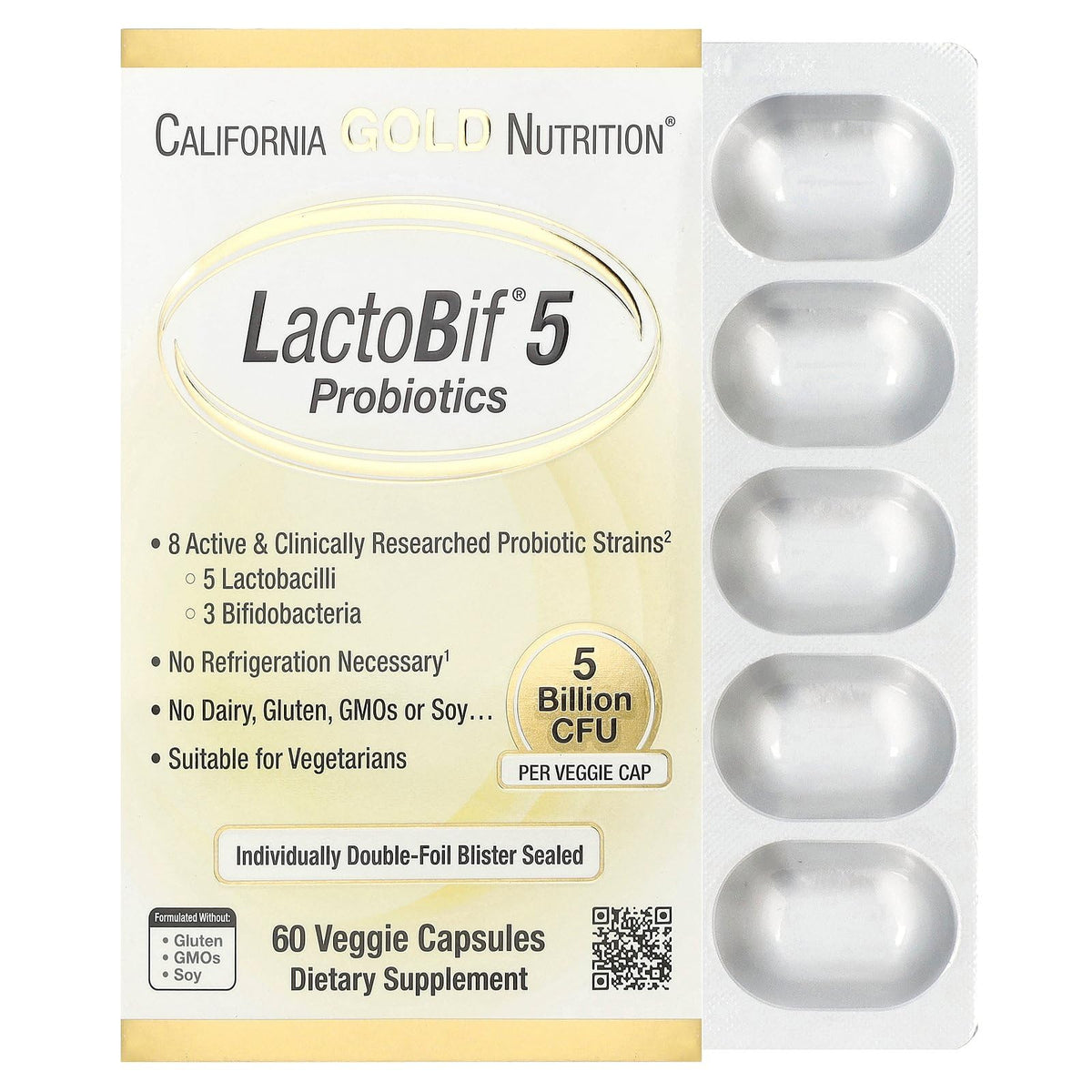 California Gold Nutrition LactoBif 5 Probiotics 5 Billion CFU - 60 Veggie Capsules